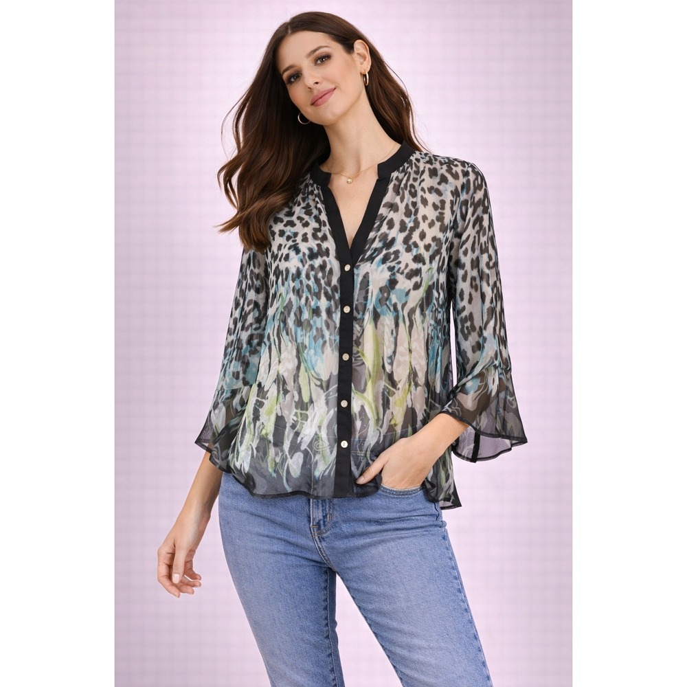 Investments Women L Leopard Abstract Print Sheer 3/4 Bell Sleeve Layering Top